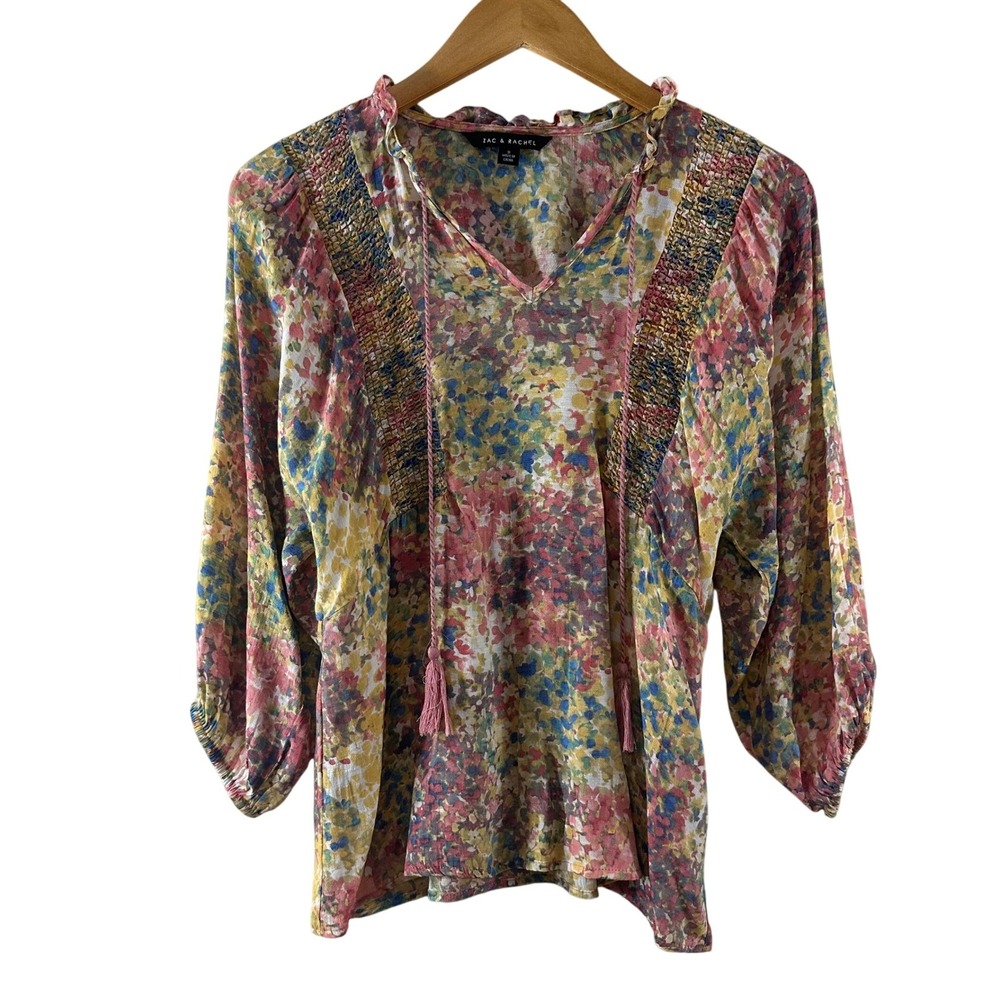 Zac & Rachel Womens Small Multicolor Floral Smocked Tassel Peasant Blouse Top